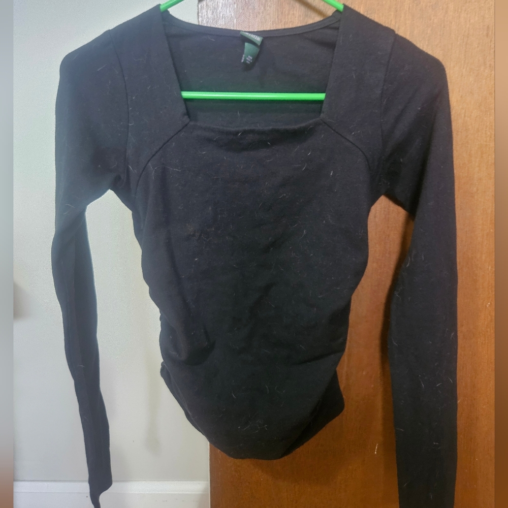 Wild Fable Women's Long-Sleeve Square Neck Top With Rouched Sides Black Size XXS